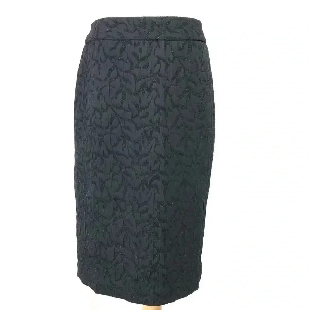 Coldwater Creek Pencil Skirt Women 6 Black Leaf Jacquard Metallic Shimmer Knee